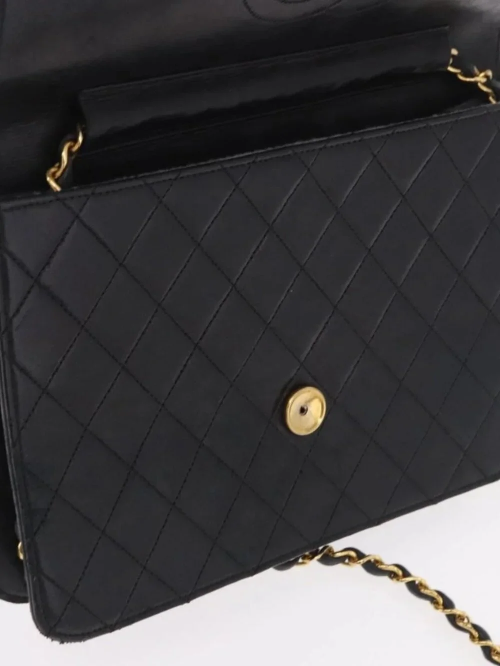 CHANEL Chain Shoulder Bag Lamb Skin Black Gold CC Auth 143810